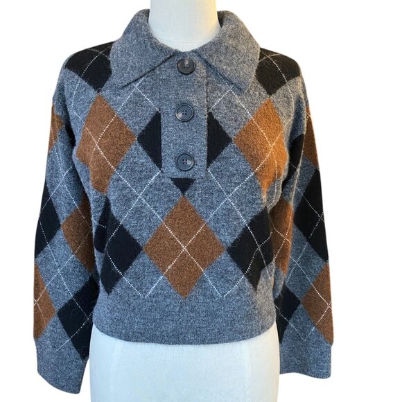 Rails Shae Wool Alpaca Argyle Cropped Sweater Polo Collar Preppy Dark Academia-M - Picture 5 of 12